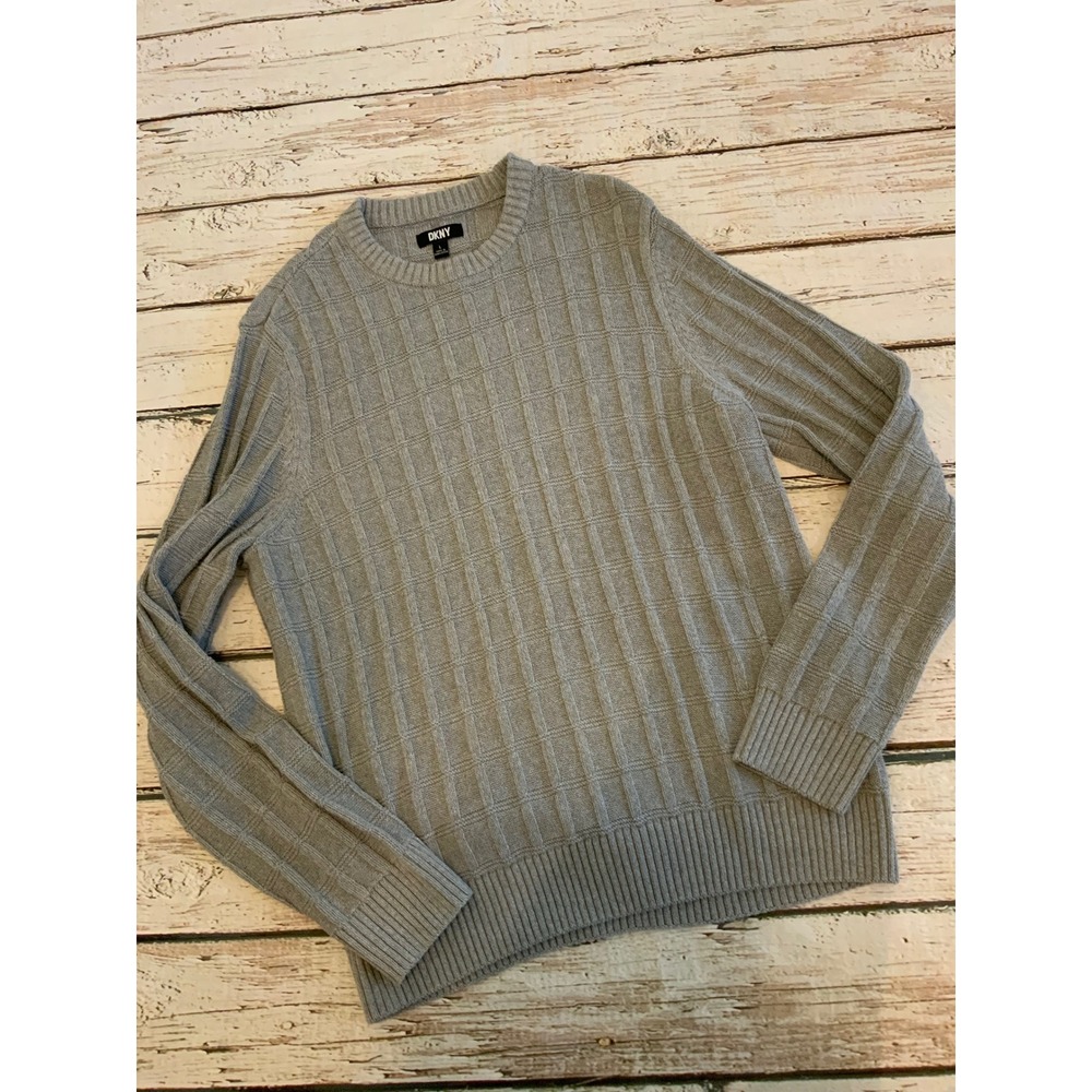 DKNY Mens Large Gray Basketweave Cable Knit‎ Crew Neck Recycled Cotton Sweater